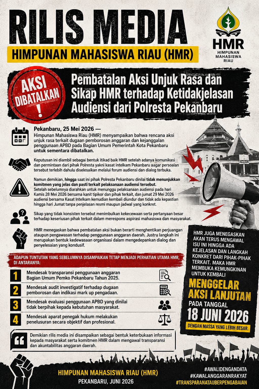 HMR Batalkan Aksi, Soroti Ketidakjelasan Audiensi Dugaan Penggunaan Anggaran Pemko Pekanbaru