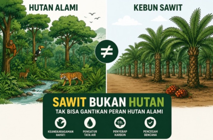Sawit Bukan Hutan: Menanam Kelapa Sawit Tak Sama dengan Memulihkan Alam